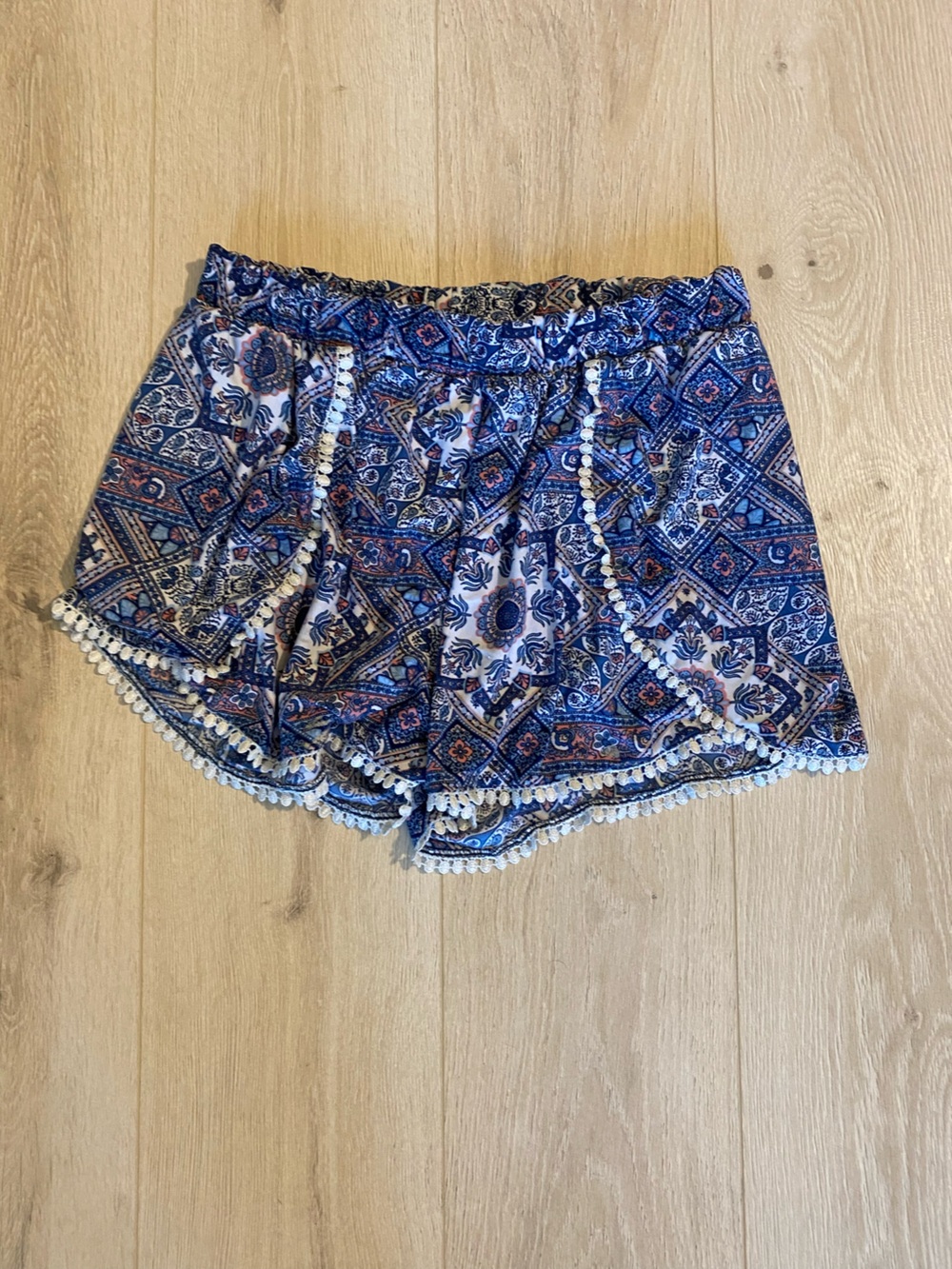 just be Blue Mosaic Pom-Pom Trim High-Waist Shorts